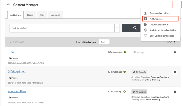        Figure 2: Shows the Content Manager 3 dot menu including "Add Activities"
