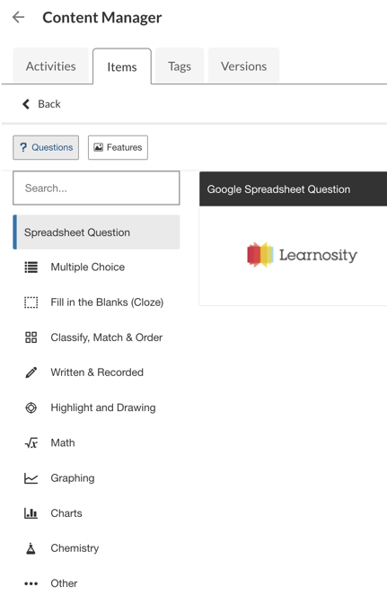 The new Item question type selection page